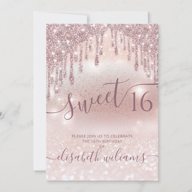 Foto bezaubernde Rose Goldglatter Tropfen ombre Einladung (Vorderseite)