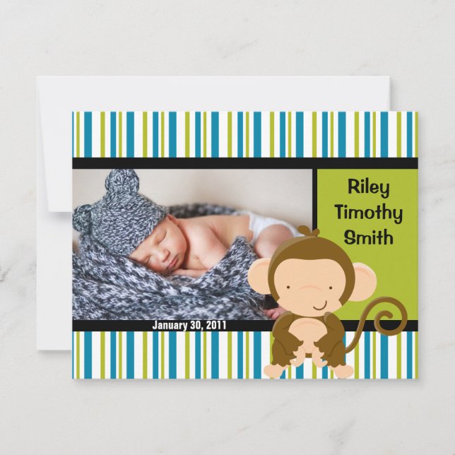 Foto Birth Announcement - Baby Boy with Monkey Ankündigung (Vorderseite)
