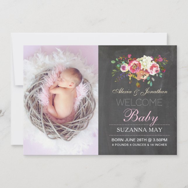 Foto Birth Announction Baby Girl Stats Cards Ankündigung (Vorderseite)