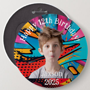 Foto Birthday Cartoon Design Colossal 6" Button