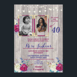 Foto Birthday Party Floral Lila Holz 2 Bilder Einladung<br><div class="desc">Lila Foto mit Blumen laden ein,  Fügen Sie Ihr Foto zu diesem Vintagen Holz einladen. Erhöhe jedes Alter. Rückdruck im Lieferumfang enthalten.</div>