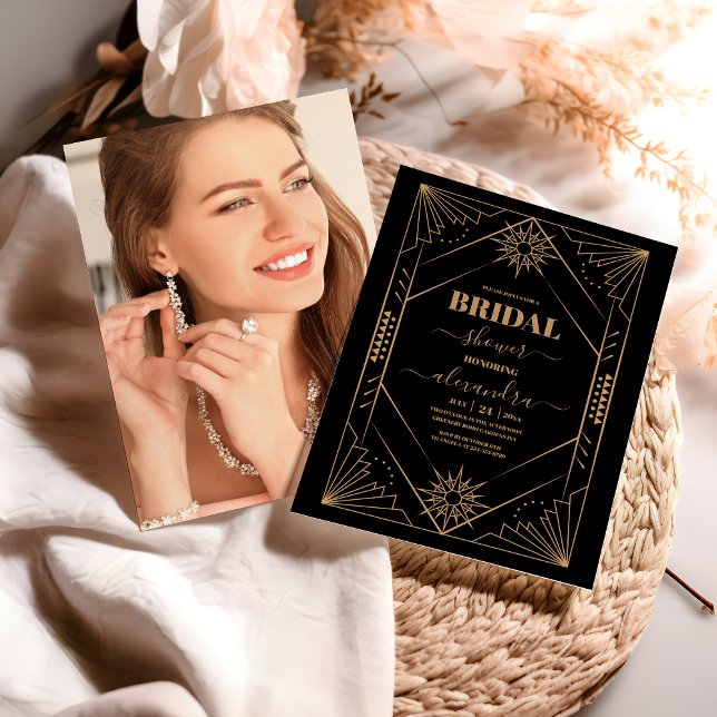 Foto Black and Gold Art Deco Brautparty Einladung (Von Creator hochgeladen)