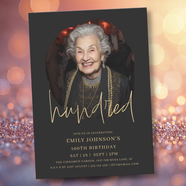 Foto Black and Gold Script 100. Geburtstag Einladung (Photo Black and Gold Script 100th Birthday Invitation)