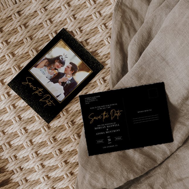 Foto Black and Gold Wedding Save the Date Postkarte (Von Creator hochgeladen)