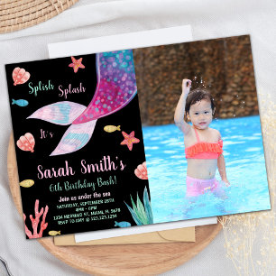 Foto Black Dark Lila Mermaid Schwanz Geburtstag Einladung