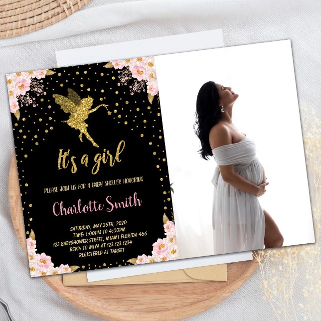 Foto Black Fairy Floral Baby Dusche Einladungen (Photo Black Fairy Floral Baby Shower Invitations)