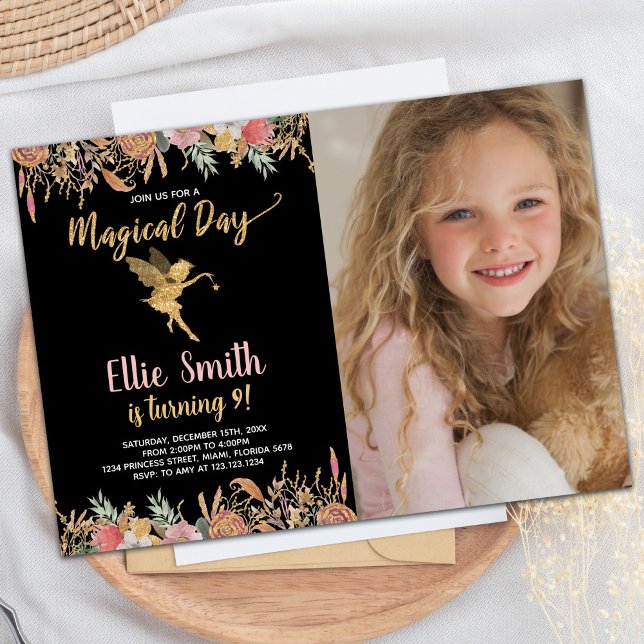 Foto Black Glitzer Floral Fairy Birthday Einladung (Photo Black Glitter Floral Fairy Birthday Invitation)