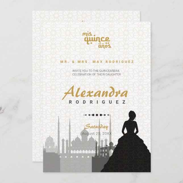 Foto "Black & Gold Arabian Quinceñera" Einladung (Vorne/Hinten)