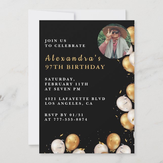 Foto Black Gold Ballon 97. Geburtstag Einladung (Vorderseite)
