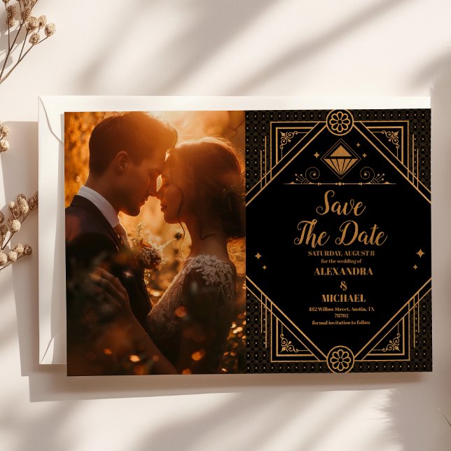 Foto Black Gold Geometric Art Deco Hochzeit Save The Date (Von Creator hochgeladen)
