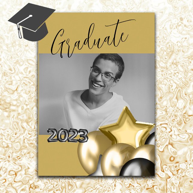 Foto Black Gold Script Calligraphy Balloon Einladung (Von Creator hochgeladen)