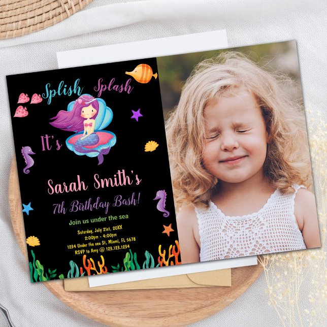 Foto Black Lila Muschel Mermaid Geburtstag Einladung (Photo Black Purple Shell Mermaid Birthday Invitation)