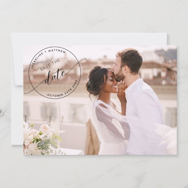 Foto, Black Monogram Briefmarke Foto Overlay Hochz Save The Date (Vorderseite)
