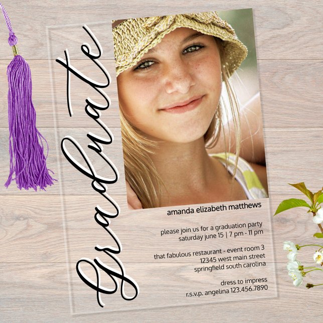 Foto Black N White Girly Script Graduation Party Acryleinladungen (Upload your graduate's photo into this minimalist girly script graduation design on clear acrylic)