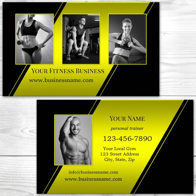 Foto Black Neon Yellow Personal Trainer Fitness Visitenkarte (Custom photos neon yellow and black professional fitness personal trainer business card)