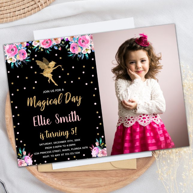 Foto Black Pink Floral Fairy Geburtstag Einladunge Einladung (Photo Black Pink Floral Fairy Birthday Invitations)