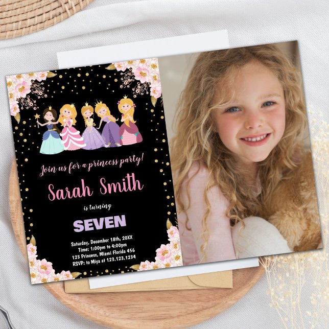 Foto Black Pink Floral Glitzer Princess Einladung (Photo Black Pink Floral Glitter Princess Invitation)