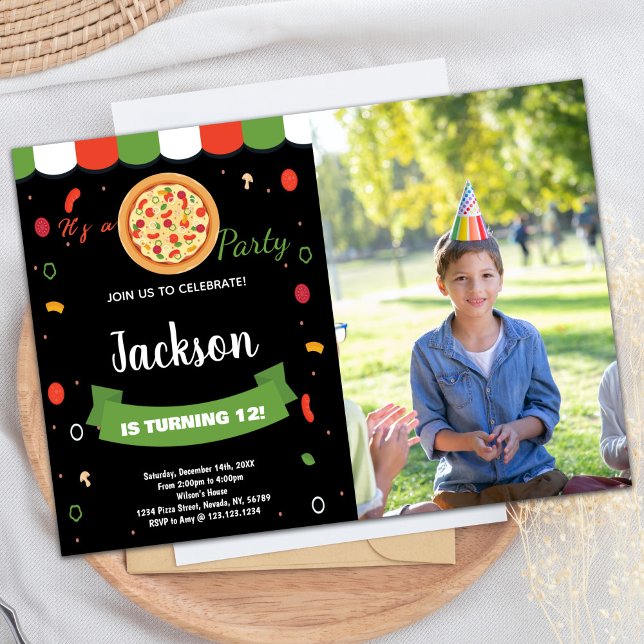 Foto Black Red Pizza Einladung zum Geburtstag (Photo Black Red Pizza Birthday Invitations)
