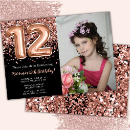Foto Black Rose Gold Glitzer 12. Geburtstag Einladung