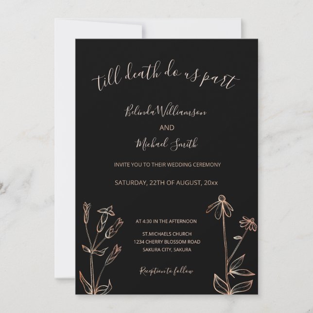 FOTO | Black Rose Gold Wildblume | Goth Wedding Einladung (Vorderseite)
