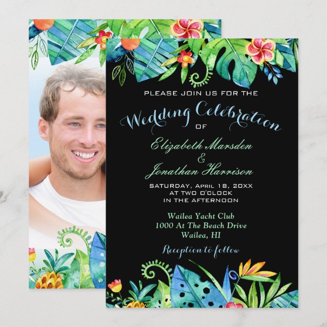 Foto Black Tropical Watercolor Floral Wedding Einladung (Vorne/Hinten)