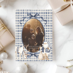 Foto Blau Gingham Santa Familienweihnachten Feiertagskarte
