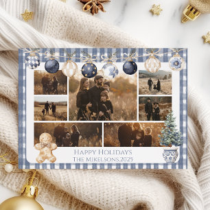 Foto Blau Gingham-Schmuck Familien-Weihnachten Feiertagskarte