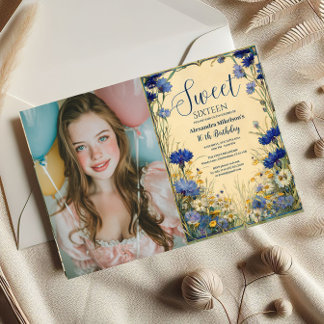 Foto Blaue Kornblume Jugendstil Sweet Sixteen Einladung