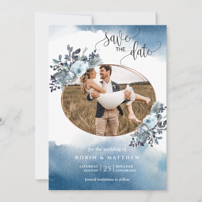 Foto, Blaue Wasserfarbe und blaue Foliage Save The Date (Vorderseite)