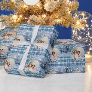 Foto Blaues gemütliches Karo Winter Weihnachten Geschenkpapier