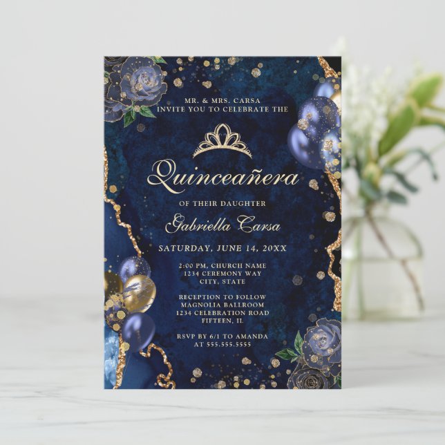 Foto Blue Gold Floral Agate Quinceanera Einladung (Stehend Vorderseite)