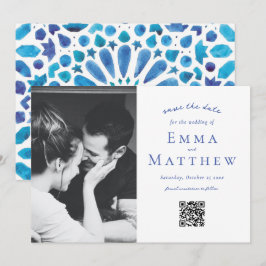 Foto Blue Tile Pattern mit QR Save The Date