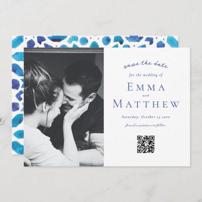 Foto Blue Tile Pattern mit QR Save The Date (Vorne/Hinten)