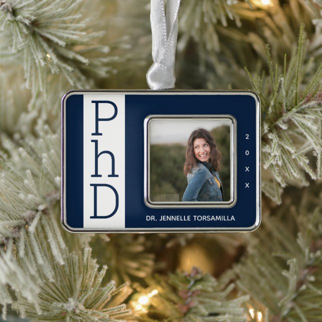 Foto Blue White PhD Abschluss Weihnachtsschmuck Rahmen-Ornament Silber (Baum)