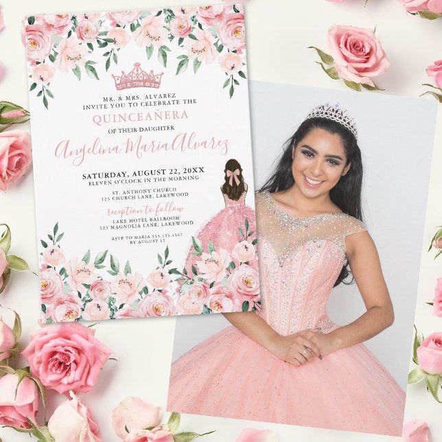 Foto Blues Rosa Quinceanera Einladung (Floral Photo Blush Pink Quinceanera Invitation)