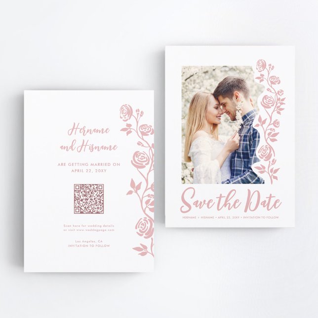 Foto Blush Hand Dragezeichnete Rose QR-Code Websit Save The Date (Von Creator hochgeladen)