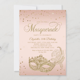 Foto Blush Pink Gold Glitter Maskenball Geburtstag Einladung
