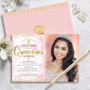 Foto Blush Pink Quinceñera Gold Glitzer Tiara Einladung