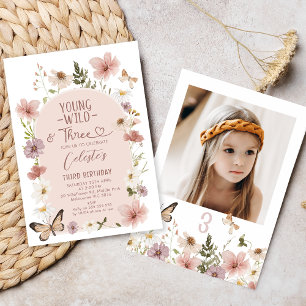 Foto Blush Wildblume Jung Wild Drei Geburtstag  Einladung