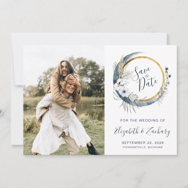 Foto Boho Blue Floral Moon Frame Save the Date Einladung (Vorderseite)