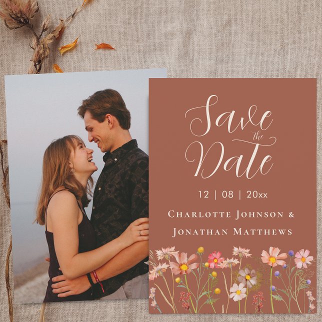 Foto Boho Herbst Wildblumen Terrakotta Hochzeit Save The Date (Photo Wildflower boho fall floral terracotta Wedding save the date invitation)