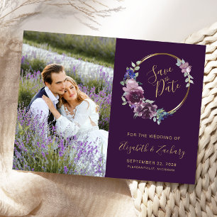 Foto Boho Lila Blumen Gold Save the Date Postkarte