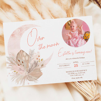 Foto boho rustikale Pampas Blumenmoon 1. Geburtsta Einladung