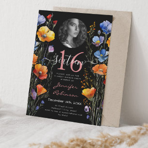 FOTO Boho Wasserfarbe Wildblumen Sweet 16 Black Einladung