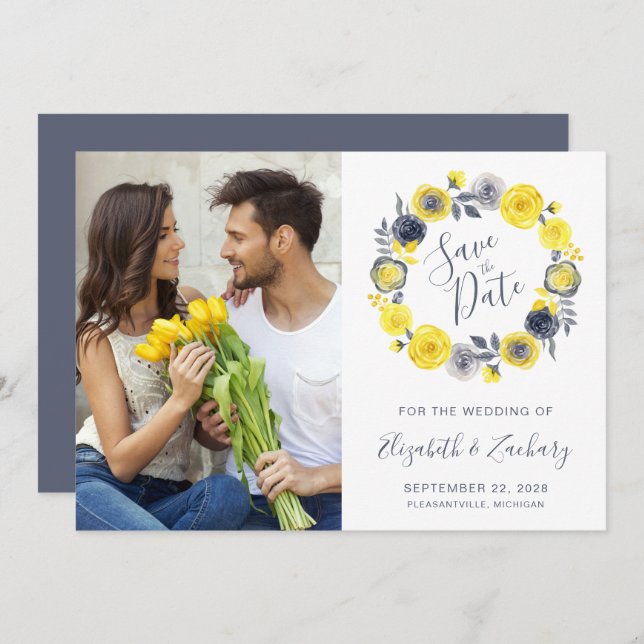 Foto Boho Yellow Grey Floral Wreath Save the Date Einladung (Vorne/Hinten)