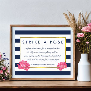 Foto Booth Poster Sign Navy Strip & Pink Peony