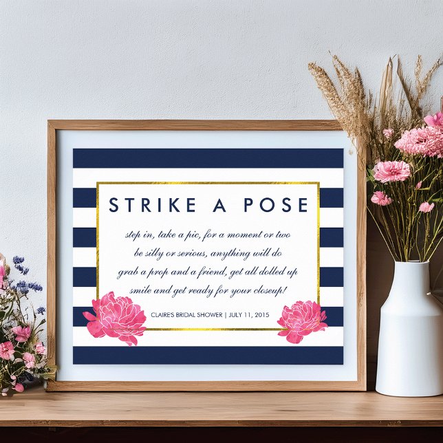 Foto Booth Poster Sign | Navy Strip & Pink Peony (Von Creator hochgeladen)