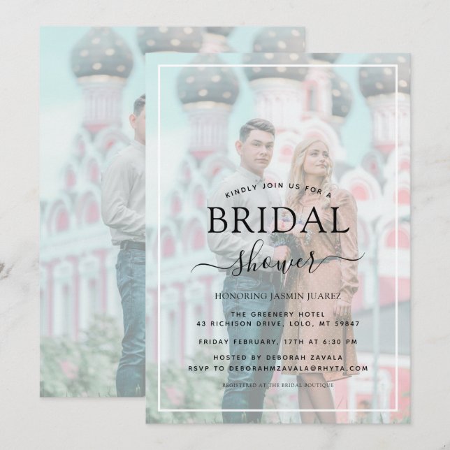 Foto-Brautparty für weißes Grenz-Vellum-Effekt Einladung (Vorne/Hinten)