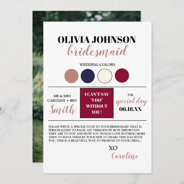 Foto Bridesmaid Vorschlag Info Card Einladung (Vorne/Hinten)