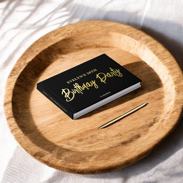 Foto Brush Script Elegant Black Birthday Gästebuch (Von Creator hochgeladen)